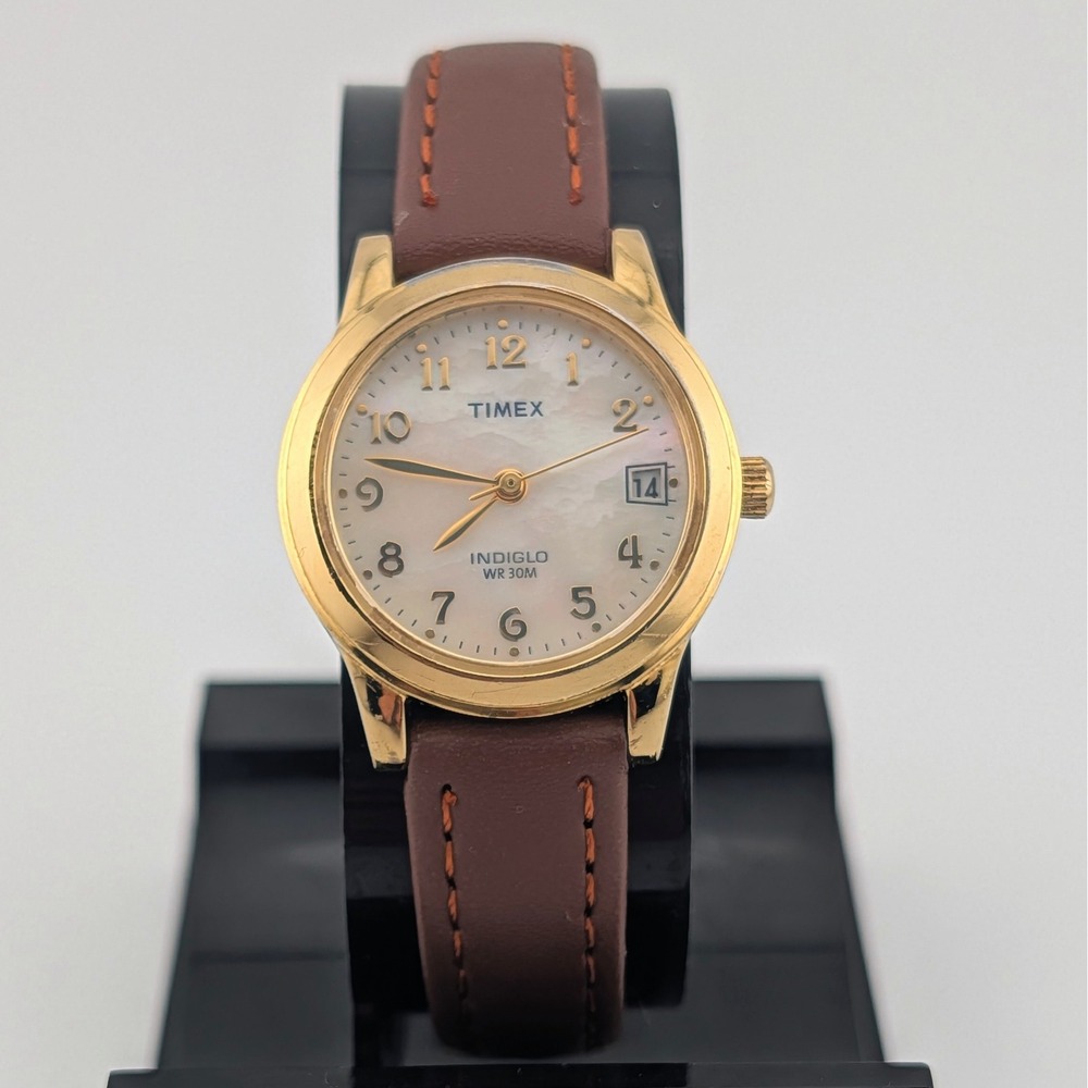 Timex Indiglo WR30M Mother of Pearl Dial Date Brown Leather Quartz Watch